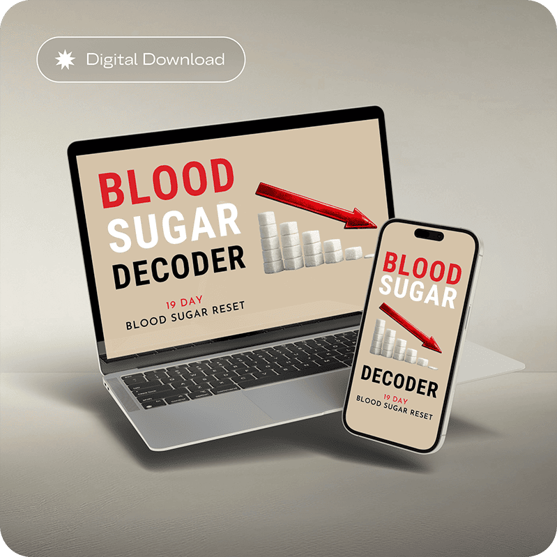 Blood Sugar Decoder program shown on laptop and smartphone — digital nutrition guide